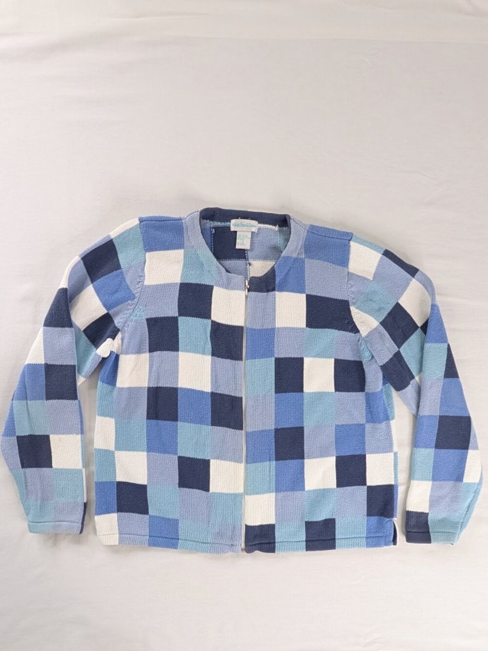 VTG Blue White Checker Knit Zip Up Cardigan Sweater Jacket